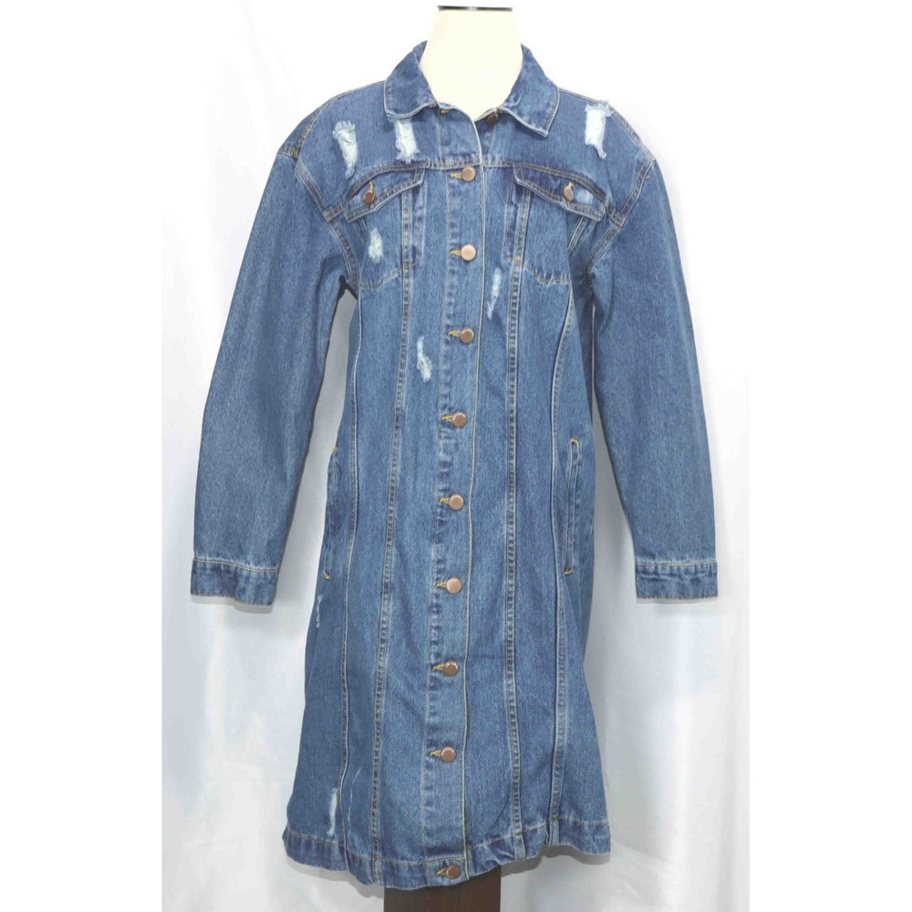 NWT Ashley Vintage Charm Long Distressed Boho Denim Jacket Womens Size M
